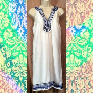 Sleeveless White Sheath Dress with Blue Embroidery